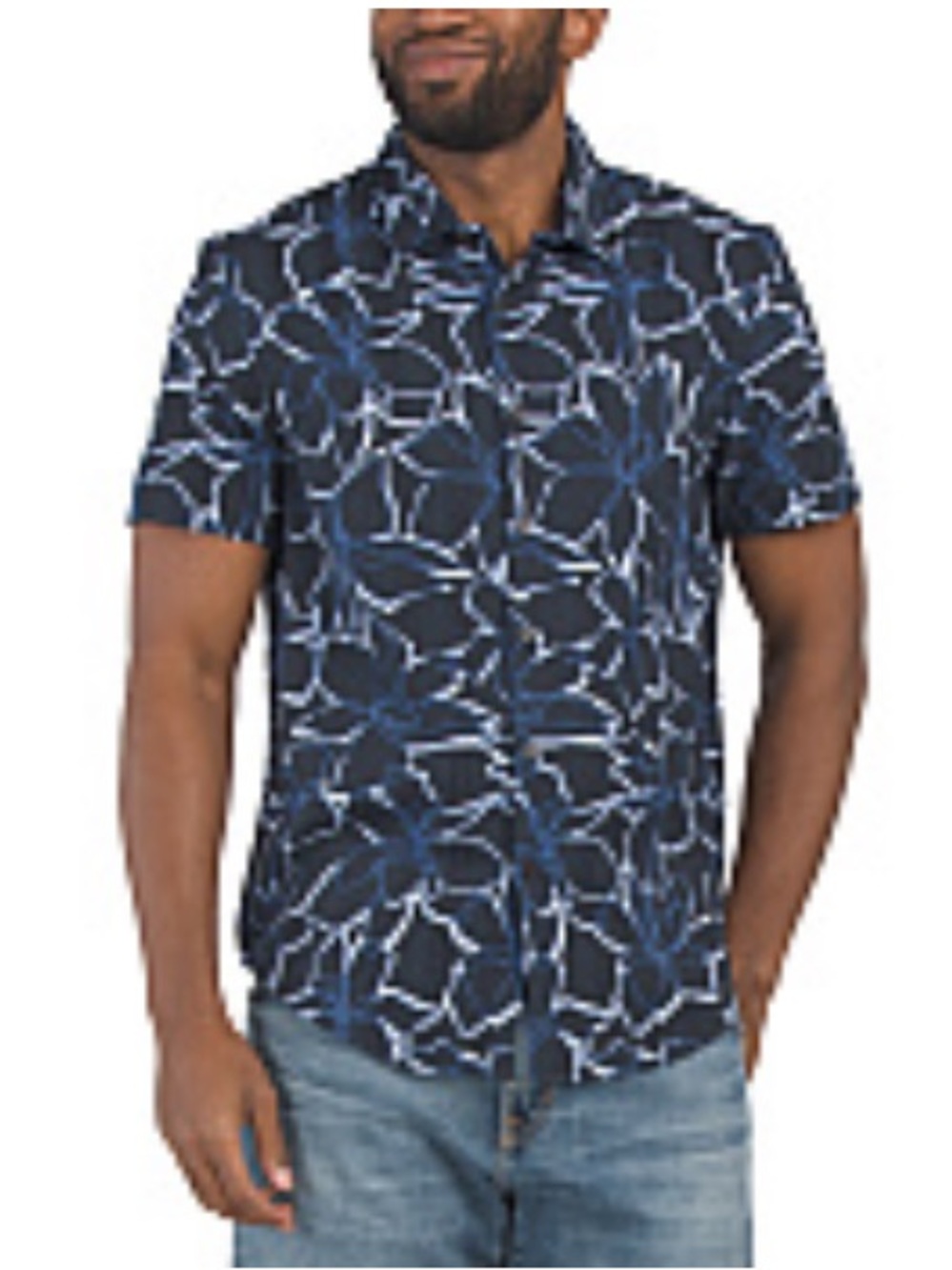 NWT Perry Ellis Navy Short Sleeve Button-Down with Light Floral  Pattern Size L